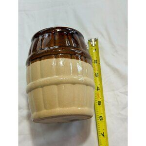 Stoneware Brown & Beige Glazed Barrel-Shaped Crock Vase 5" Tall Vintage Rustic D